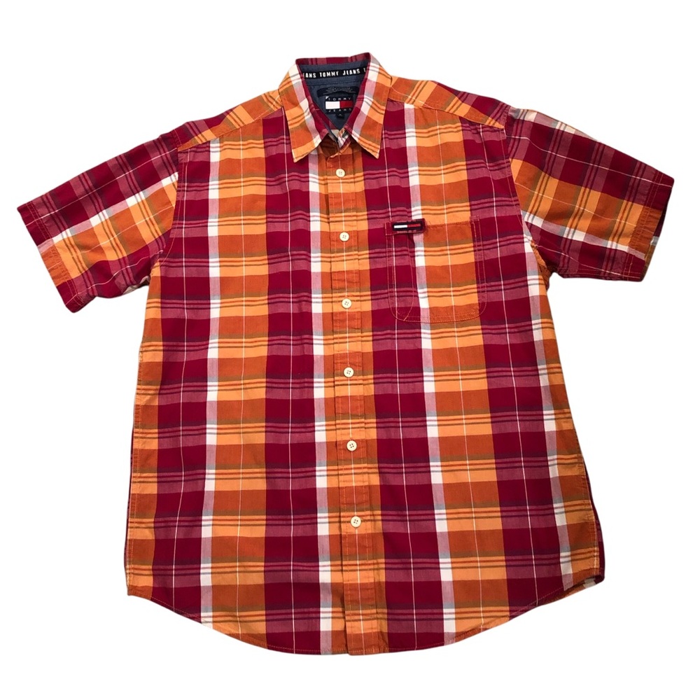 Y2K Tommy Jeans Short Sleeve Red & Orange Plaid Button Front Shirt Size M